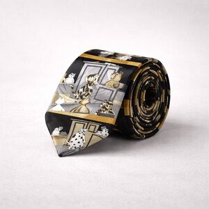 Renaissance Silk Novelty Tie Dogs Courtroom Print Black Gold Necktie